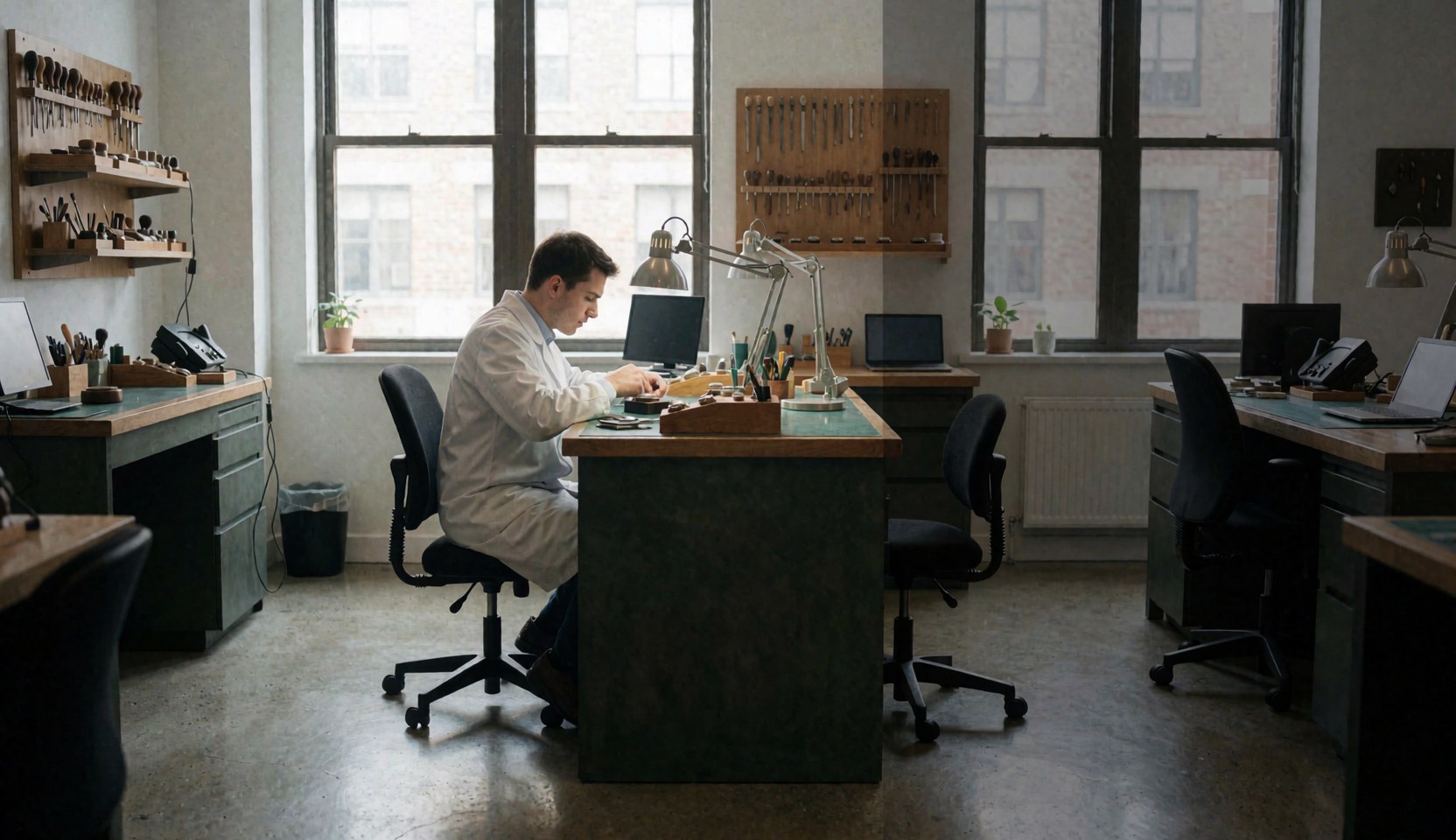 Watchmaker in white coat working at workbench with horology tools, natural light from large windows, professional and tidy atmosphere.
