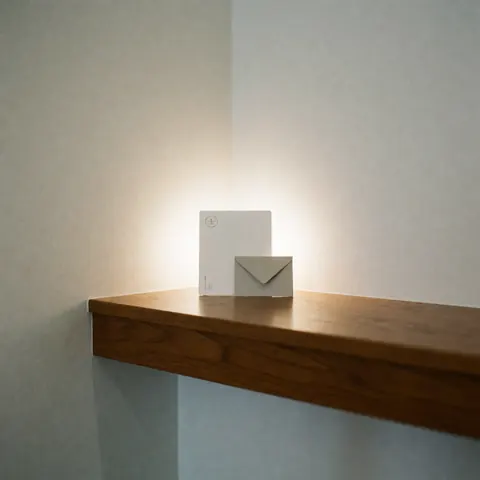 A gift card and envelope resting on a polished wooden counter with warm lighting and white walls.
