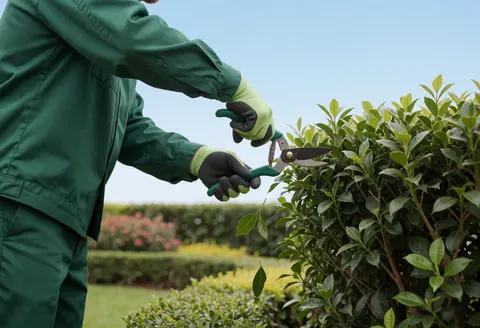 A gardener in a green uniform trims a bush with shears in a theme park under a clear blue sky.