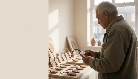 A customer inspects a clay amulet in a craft workshop with natural light, showcasing handmade products on display.