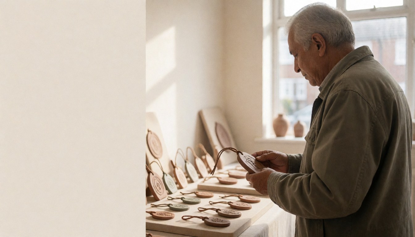 A customer inspects a clay amulet in a craft workshop with natural light, showcasing handmade products on display.