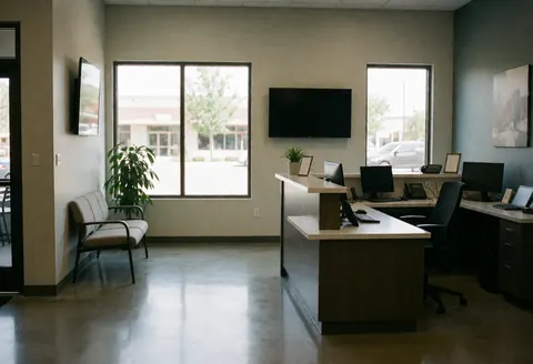 Modern office reception area featuring a desk, waiting bench, and large windows letting in natural light