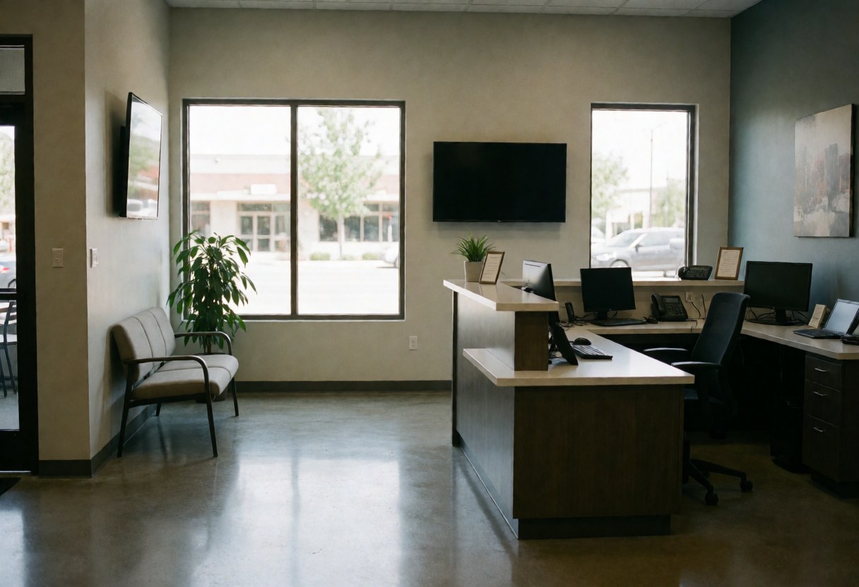 Modern office reception area featuring a desk, waiting bench, and large windows letting in natural light