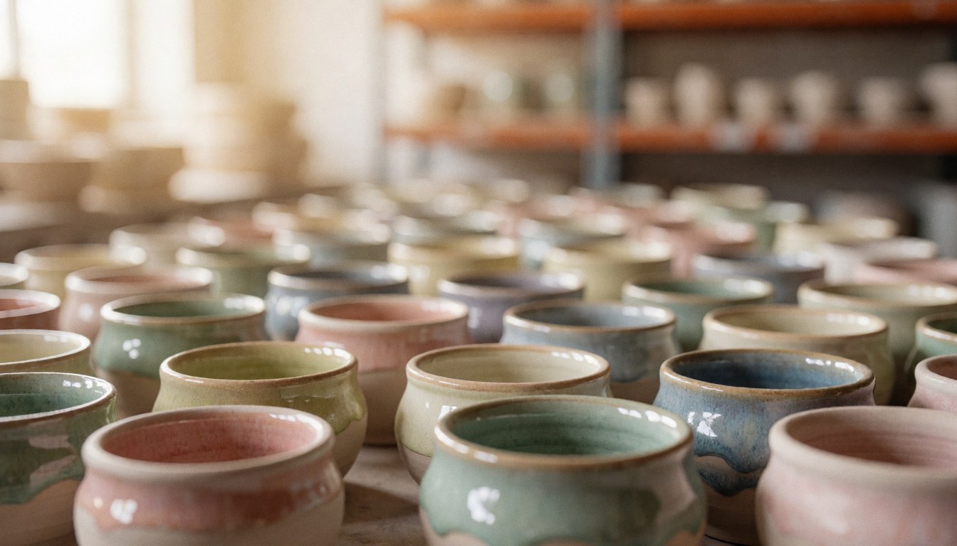 Glazed ceramic pots in earth tones with warm lighting on a pottery workshop background, providing space for text overlay.