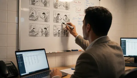 Videographer reviewing storyboard drawings on a whiteboard with a laptop and white tiled walls