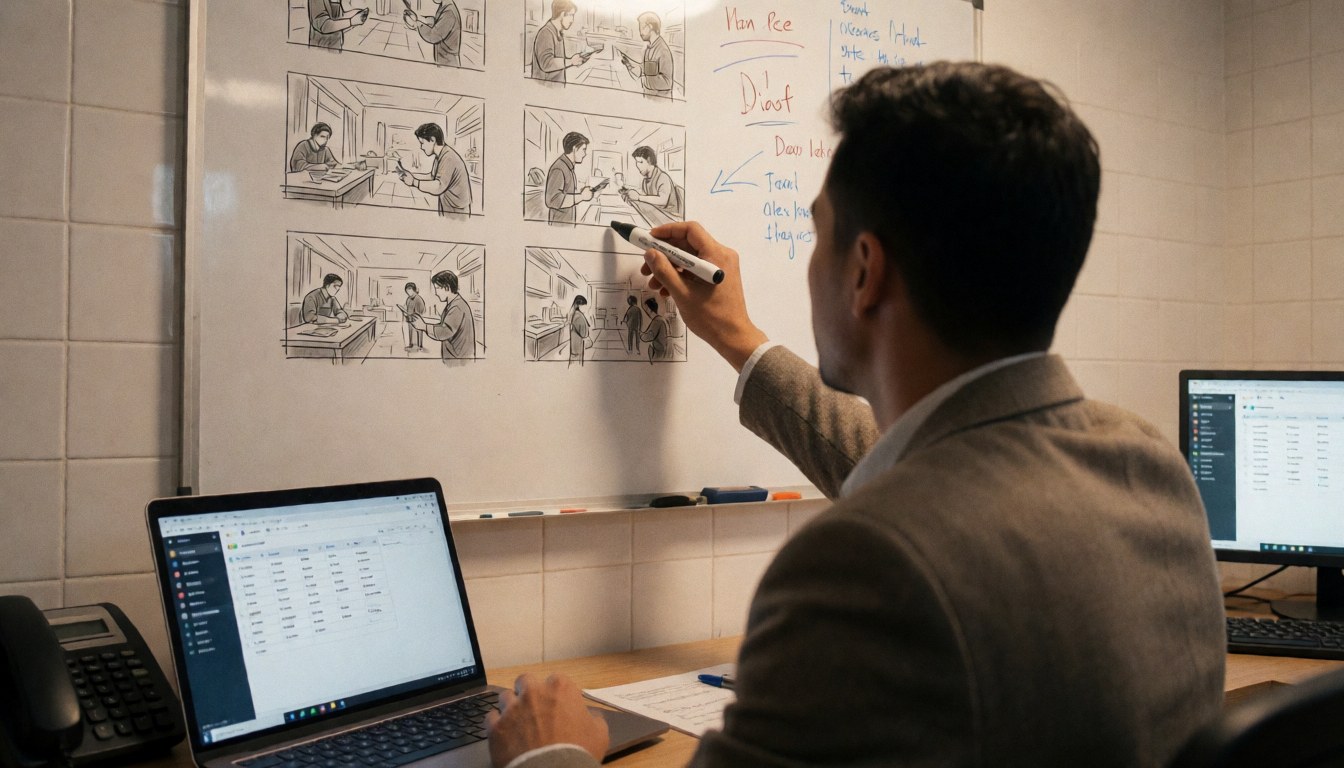 Videographer reviewing storyboard drawings on a whiteboard with a laptop and white tiled walls