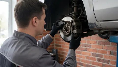 Mechanic installing brake pad on caliper in a motorcycle repair shop
