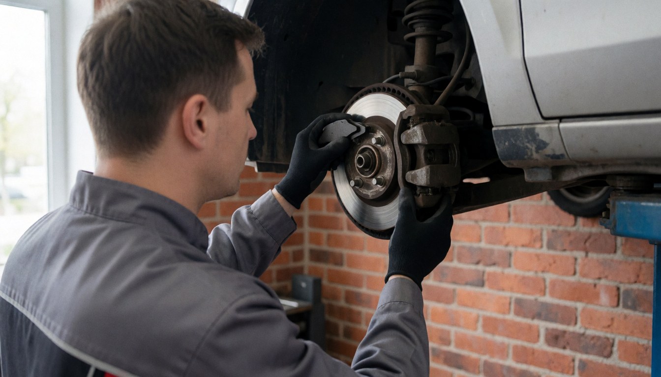Mechanic installing brake pad on caliper in a motorcycle repair shop