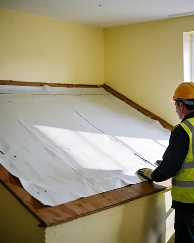Worker installing white underlayment on wooden roof surface during daylight