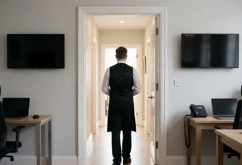 A hotel staff member in formal uniform walks through a brightly lit hallway with light gray walls, demonstrating reception service.