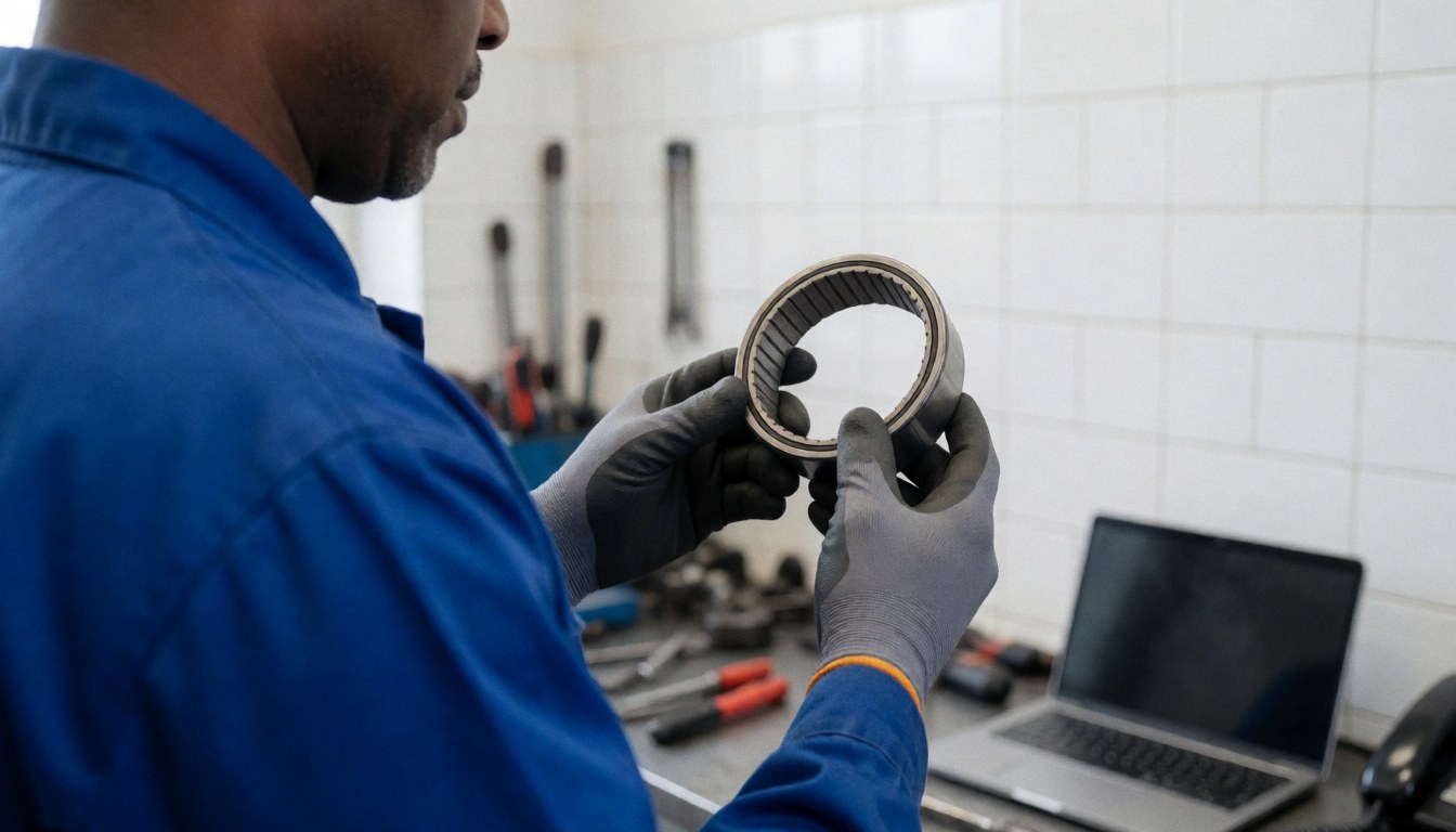 Technician holding a new bearing in a repair workshop with tools and white ceramic walls