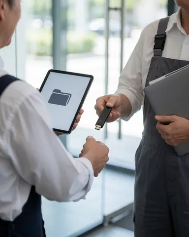 Photographer handing a USB drive to a client holding a tablet in a modern office with natural light during a professional file exchange.