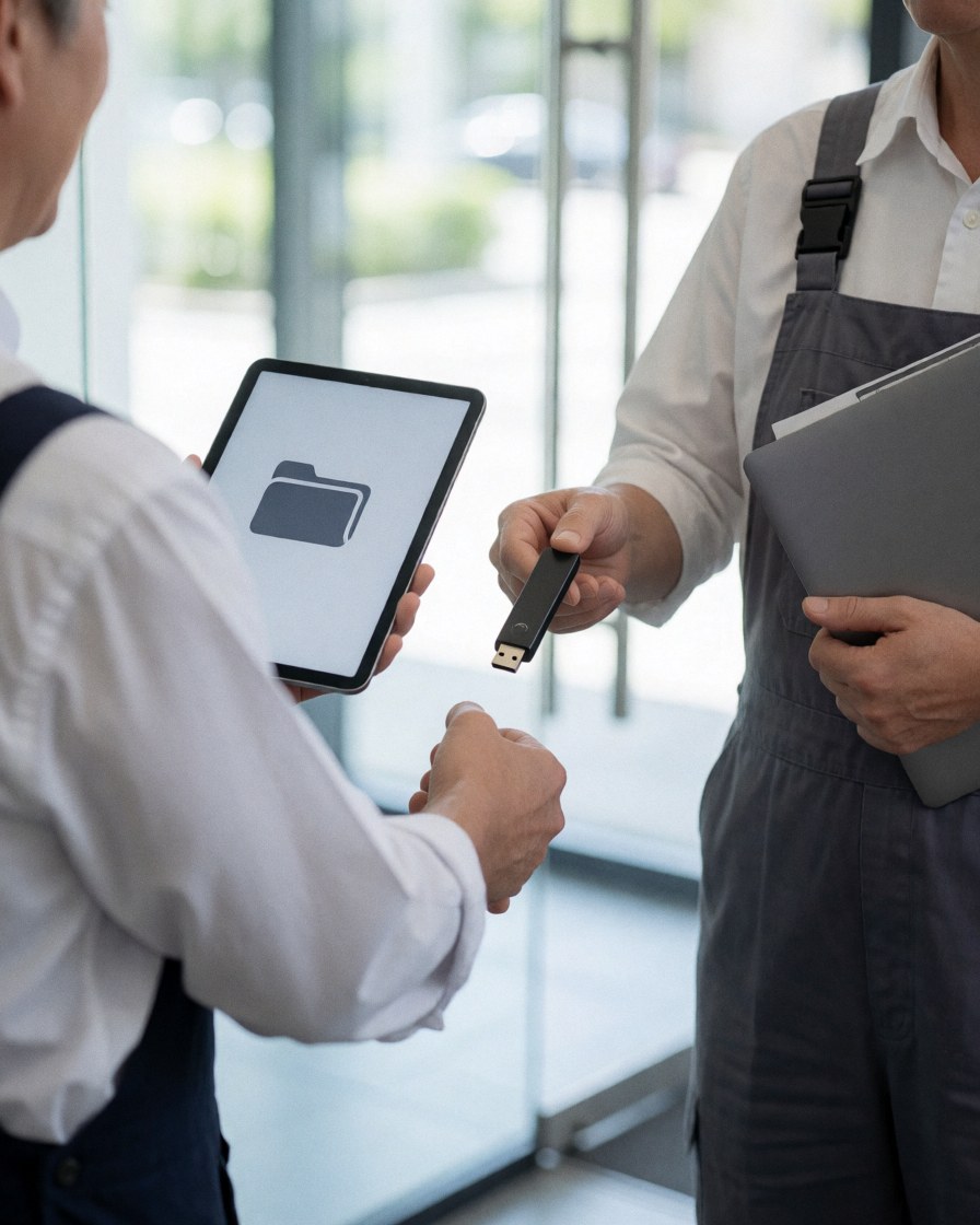 Photographer handing a USB drive to a client holding a tablet in a modern office with natural light during a professional file exchange.