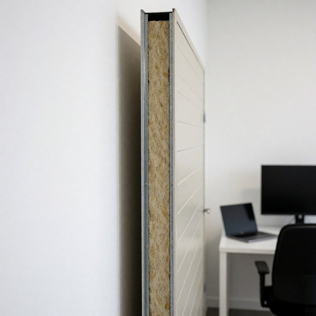 Close-up of a white garage door panel showing the exposed polyurethane insulation layer installed on a white wall.