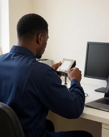 Technician in blue uniform repairing a hard drive on a clean work desk with monitor and laptop nearby in a professional setting.