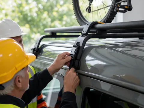Close-up of a hand securing a mountain bike strap on the roof of a gray SUV, with a helmet and reflective vest nearby in a bike workshop setting.