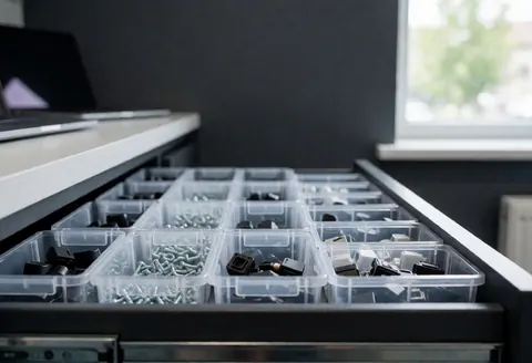 Plastic boxes holding screws, connectors, and camera modules in a phone repair store with gray walls and natural light.