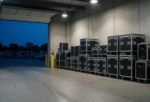 Professional sound storage facility featuring black flight cases and speakers under warm and blue lighting on a concrete floor with tire marks