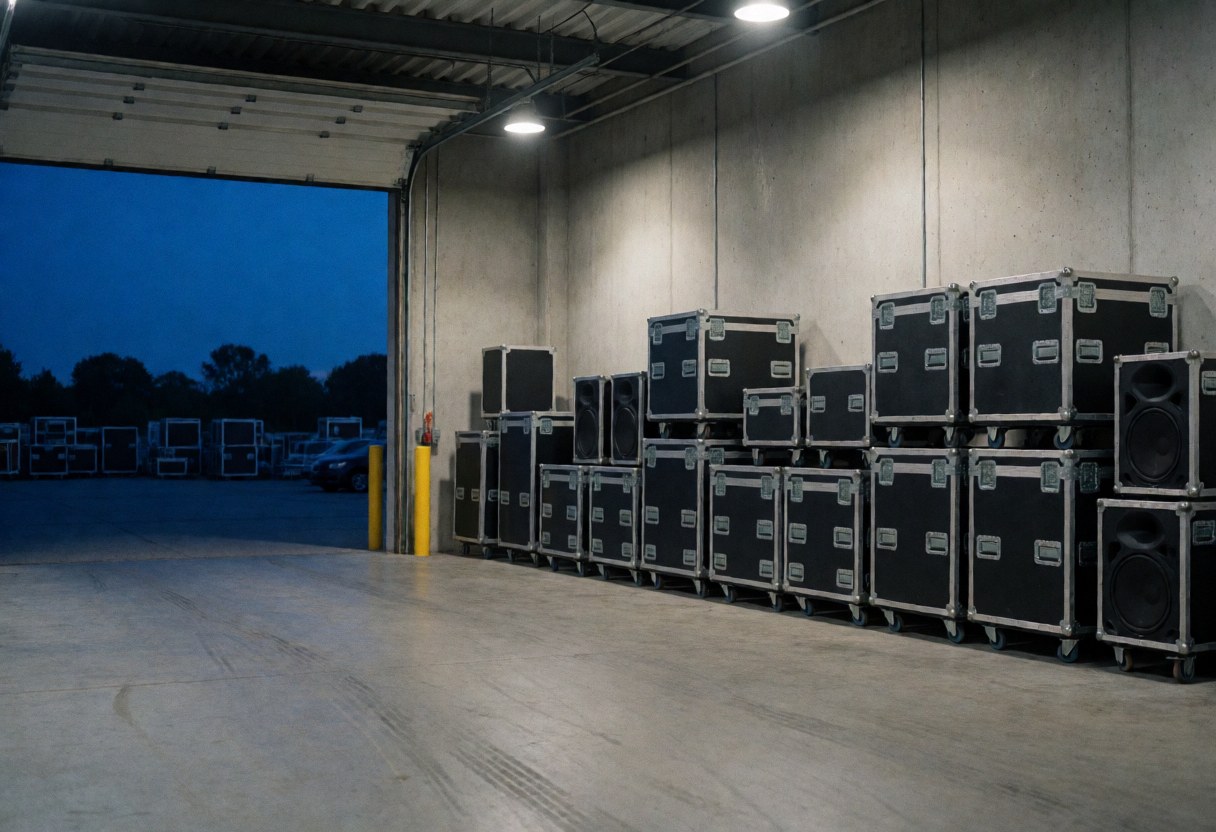 Professional sound storage facility featuring black flight cases and speakers under warm and blue lighting on a concrete floor with tire marks