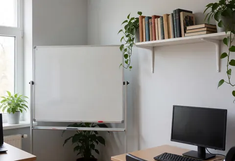 Bright Spanish classroom featuring a whiteboard, bookshelf, and green plants illuminated by natural window light