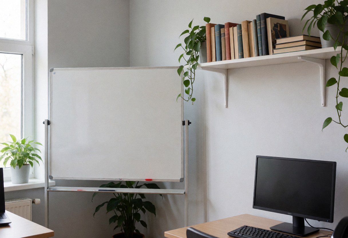 Bright Spanish classroom featuring a whiteboard, bookshelf, and green plants illuminated by natural window light