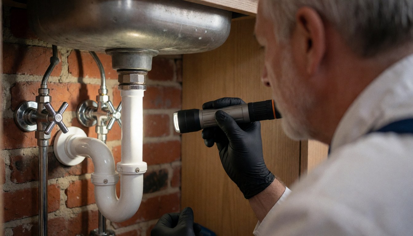 Plumber in black glove inspecting white pipes and chrome valves under stainless steel sink with exposed red brick wall