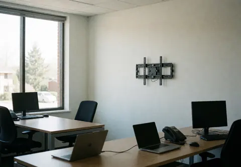 Empty modern office with black VESA wall mount, wooden desks, black chairs, and natural light from a window, suitable for TV repair services.