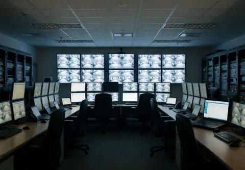 Security control room featuring a grid of monitors, ergonomic chairs, and equipment racks under cool blue lighting for a professional operational environment.