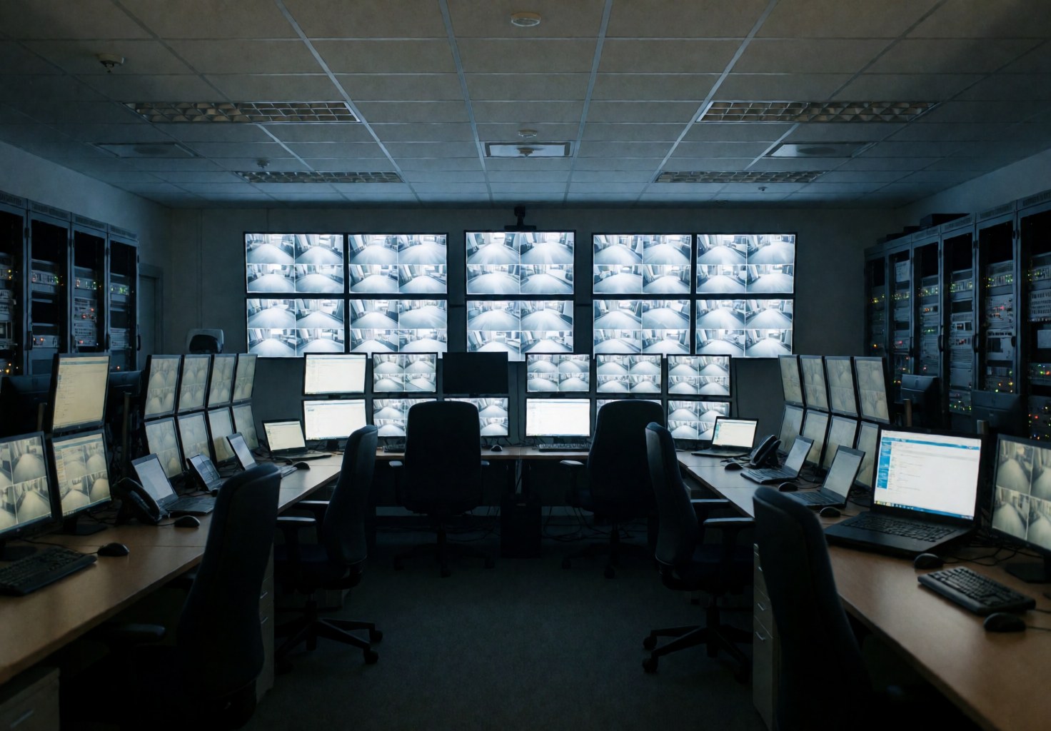 Security control room featuring a grid of monitors, ergonomic chairs, and equipment racks under cool blue lighting for a professional operational environment.
