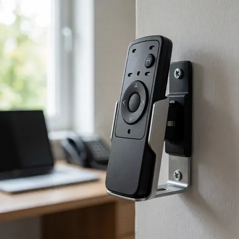 Black remote control mounted on a metal bracket against a painted wall with natural light, suitable for awning installation business