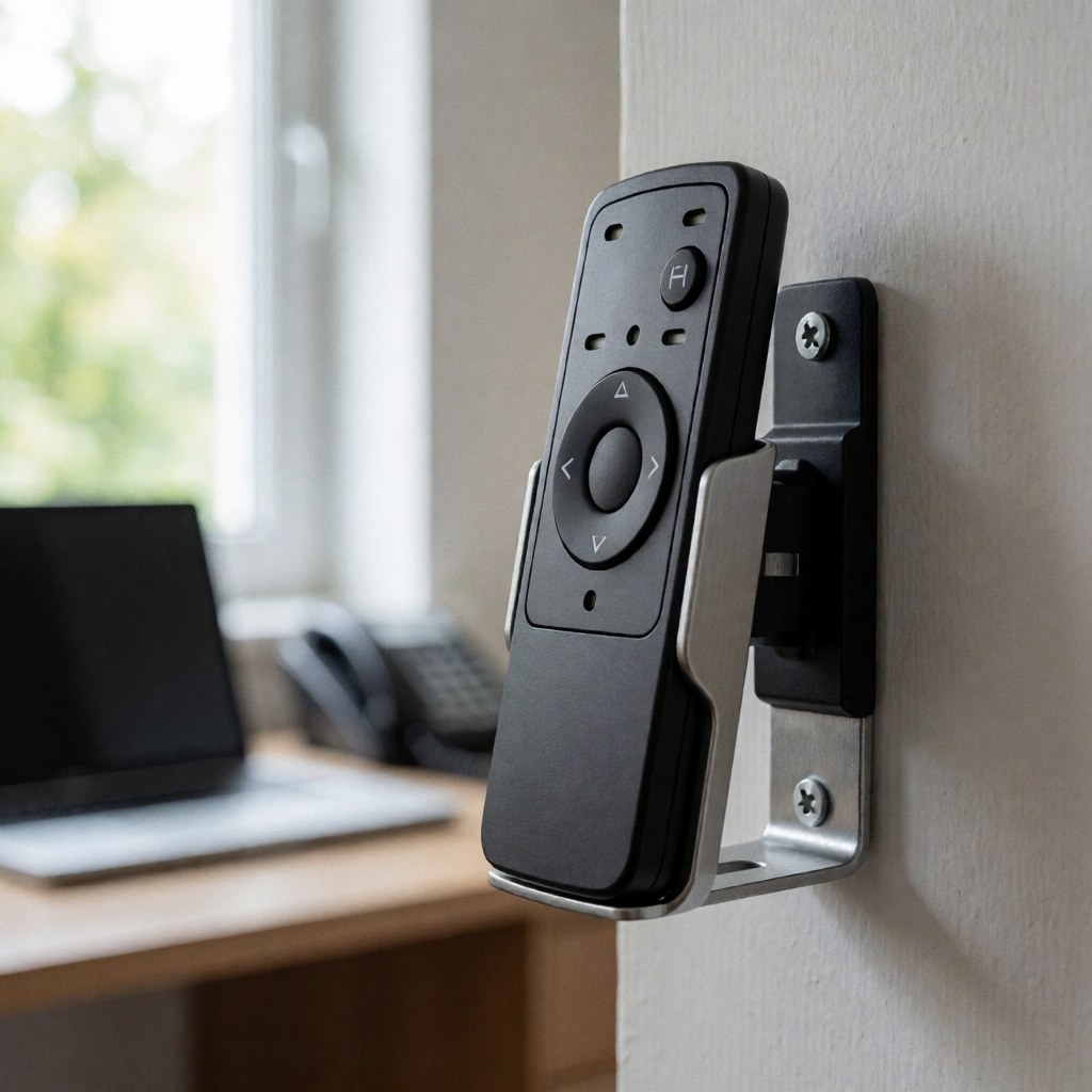 Black remote control mounted on a metal bracket against a painted wall with natural light, suitable for awning installation business