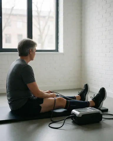 Adult man using portable leg compression device in modern gym with white walls and natural light