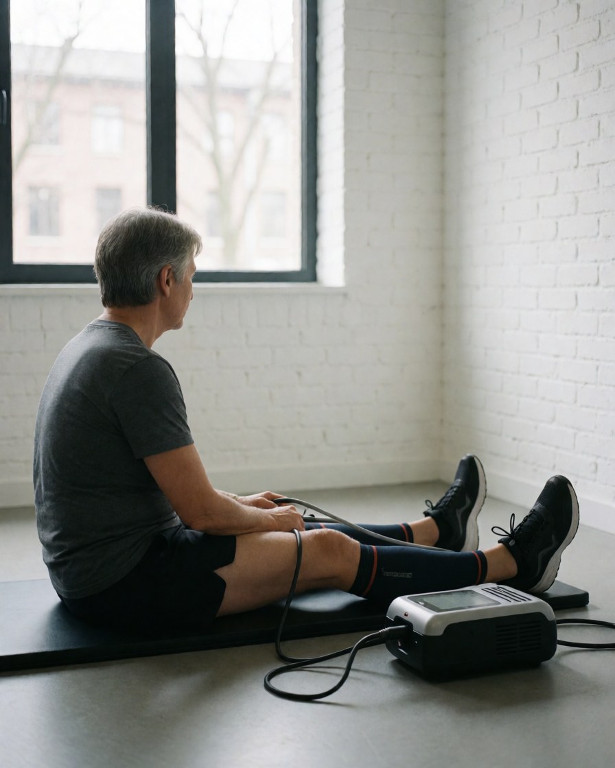 Adult man using portable leg compression device in modern gym with white walls and natural light
