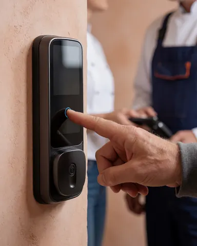 Close-up of a finger pressing the keypad on a black smart lock installed on a terracotta wall, with a professional visible in the background.