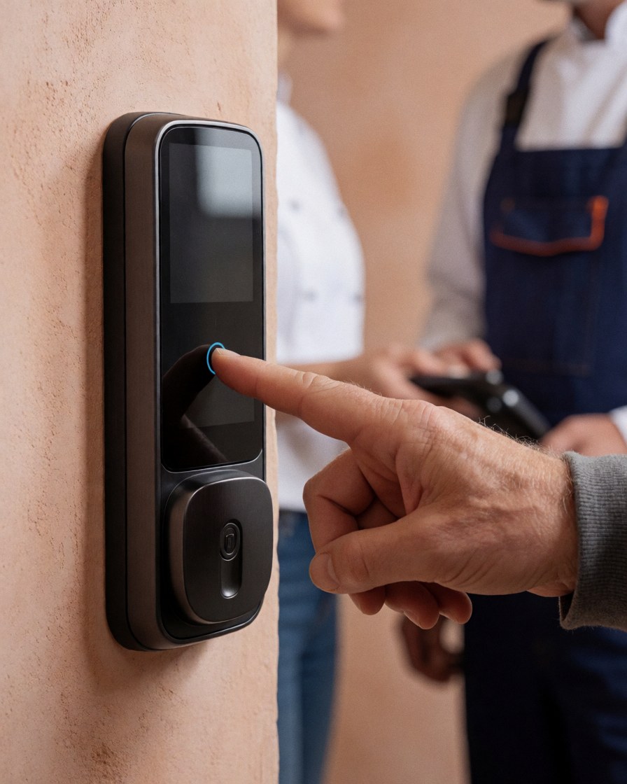 Close-up of a finger pressing the keypad on a black smart lock installed on a terracotta wall, with a professional visible in the background.