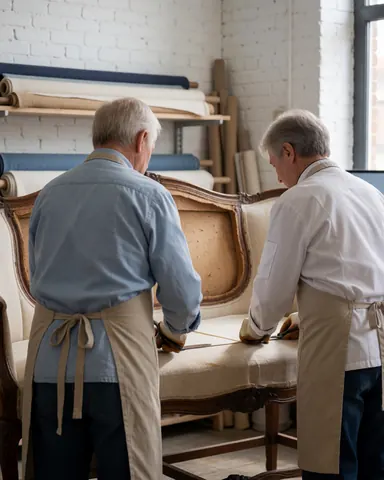 Two craftsmen work together repairing an antique sofa with rolled fabrics on shelves and natural light in a well-lit workshop.