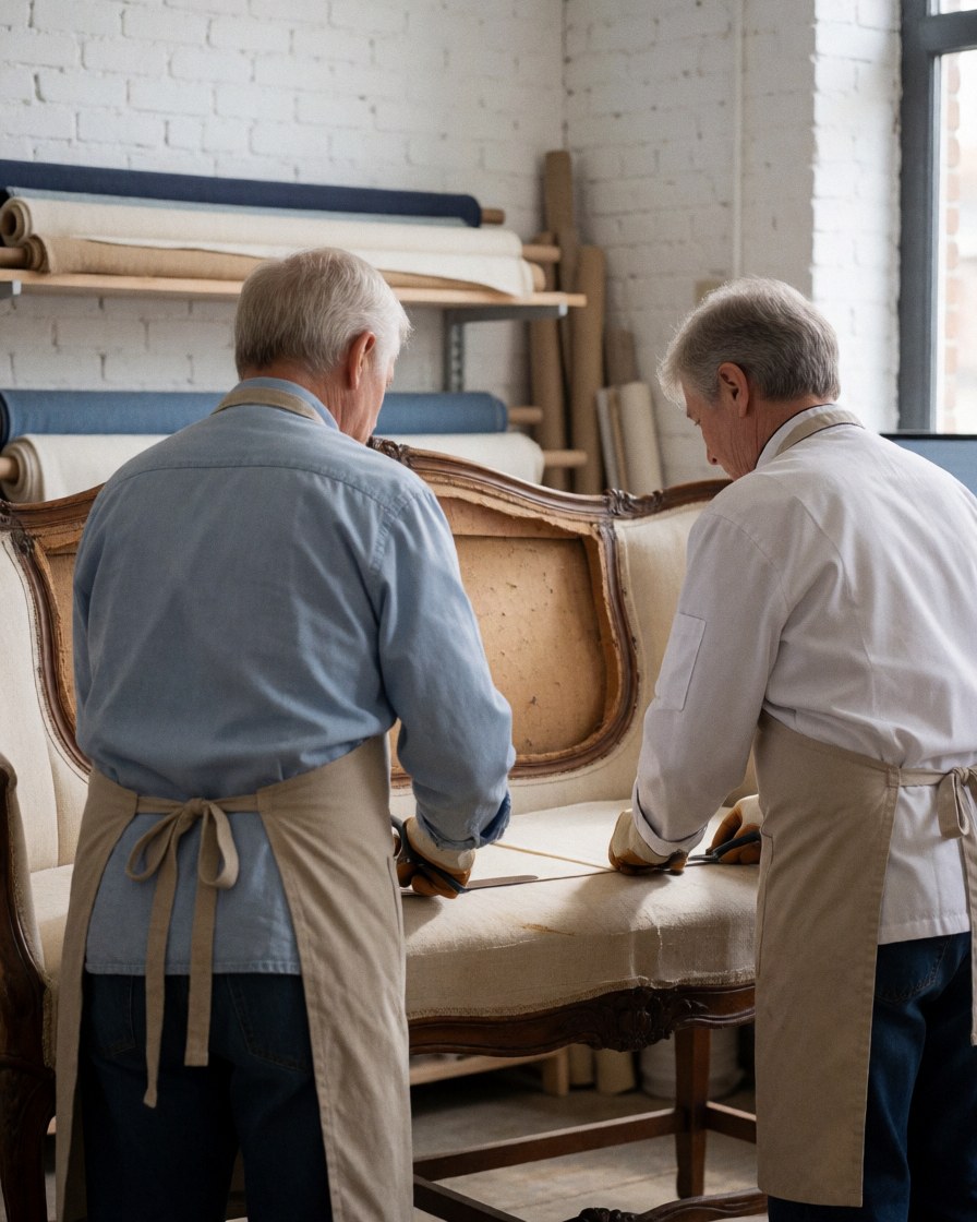 Two craftsmen work together repairing an antique sofa with rolled fabrics on shelves and natural light in a well-lit workshop.