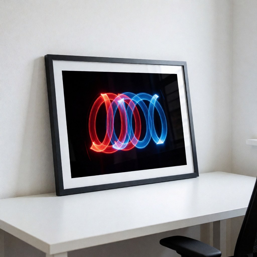 Red and blue light trails displayed in a black frame on a white table, suitable for kinetic photography studios.