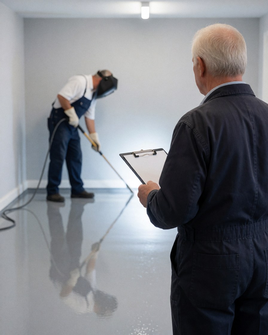 Client with portfolio watches painter apply glossy paint to a newly painted floor with light gray walls.