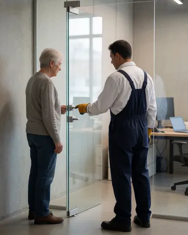 Technician installing a lock on a glass door for a client in an office setting