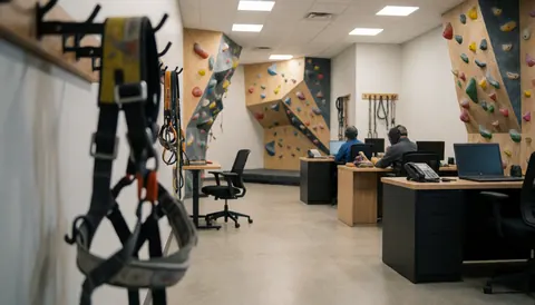 Close-up view of a climbing harness with climbing walls and office in the background, modern clean gym
