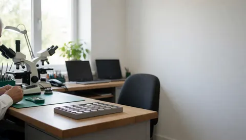 Watch repair microscope and batteries arranged on a wooden workbench with tools, white walls, and natural light in a professional workshop setting