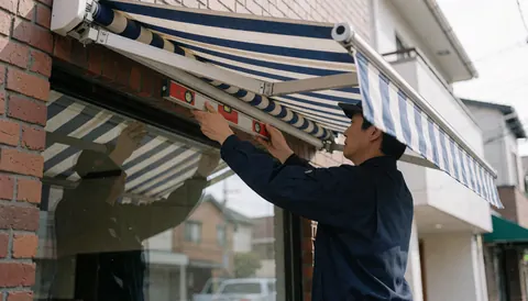 Worker installs retractable blue and white awning over brick facade using level to ensure proper installation