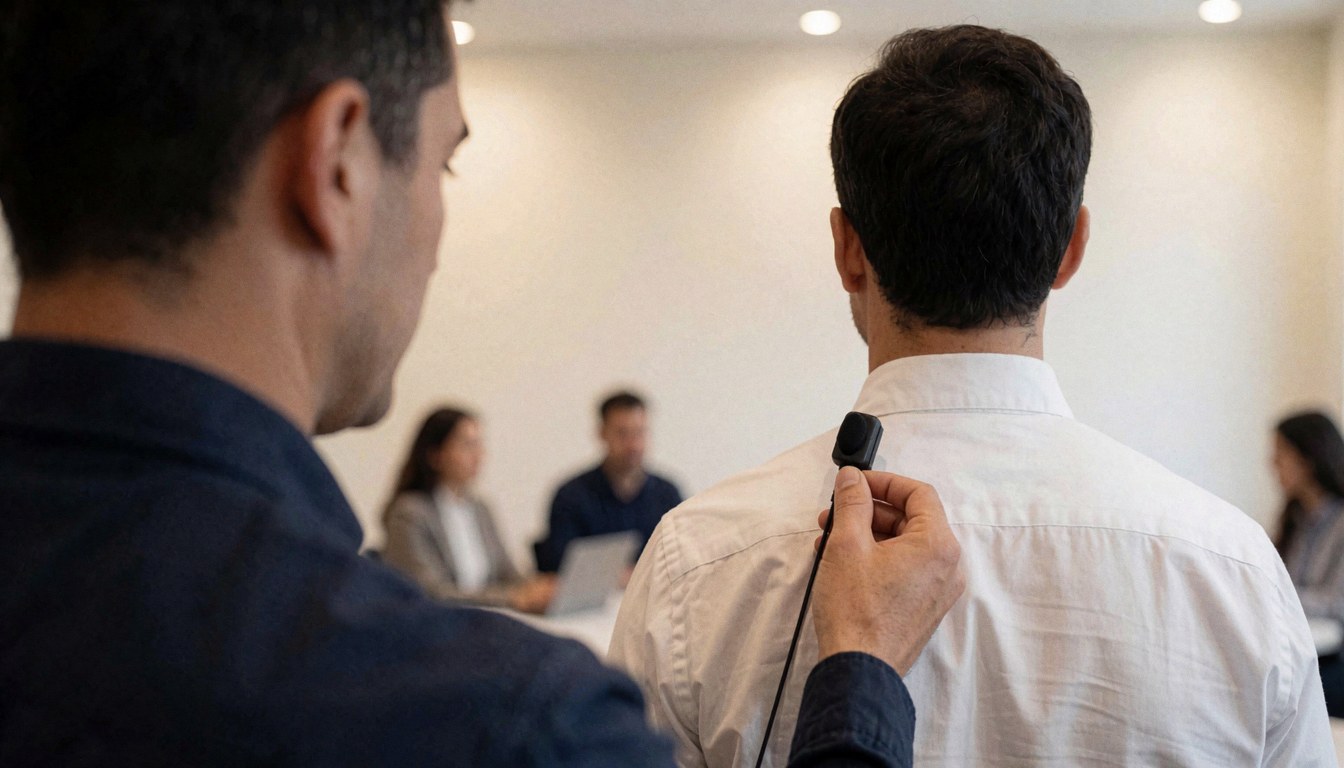 A professional technician adjusts a lavalier microphone on a client during a business meeting in a room with white walls.