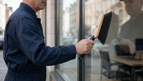 A worker in a blue uniform cleans a large glass window with a soft-bristled brush, reflecting the urban environment.
