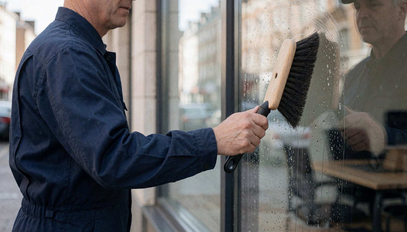 A worker in a blue uniform cleans a large glass window with a soft-bristled brush, reflecting the urban environment.