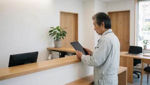 A technician in uniform reviews information on a tablet while standing in a modern reception area with plants and natural light.