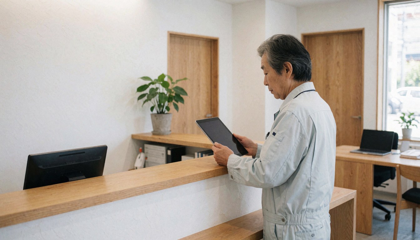 A technician in uniform reviews information on a tablet while standing in a modern reception area with plants and natural light.