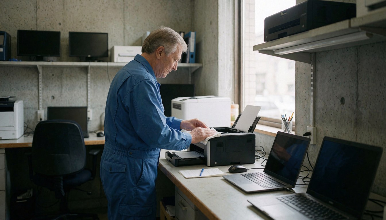 Technician in blue uniform cleaning a printer head in an office with concrete walls and laptops