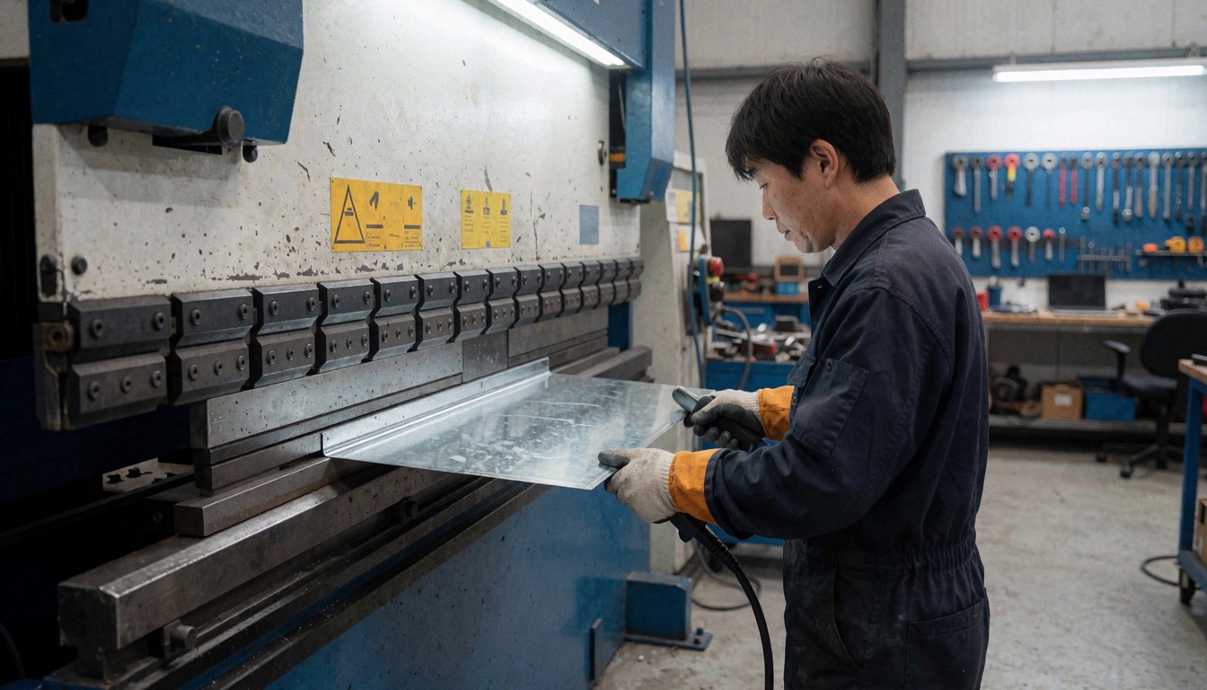 Worker bending a steel sheet in an industrial press